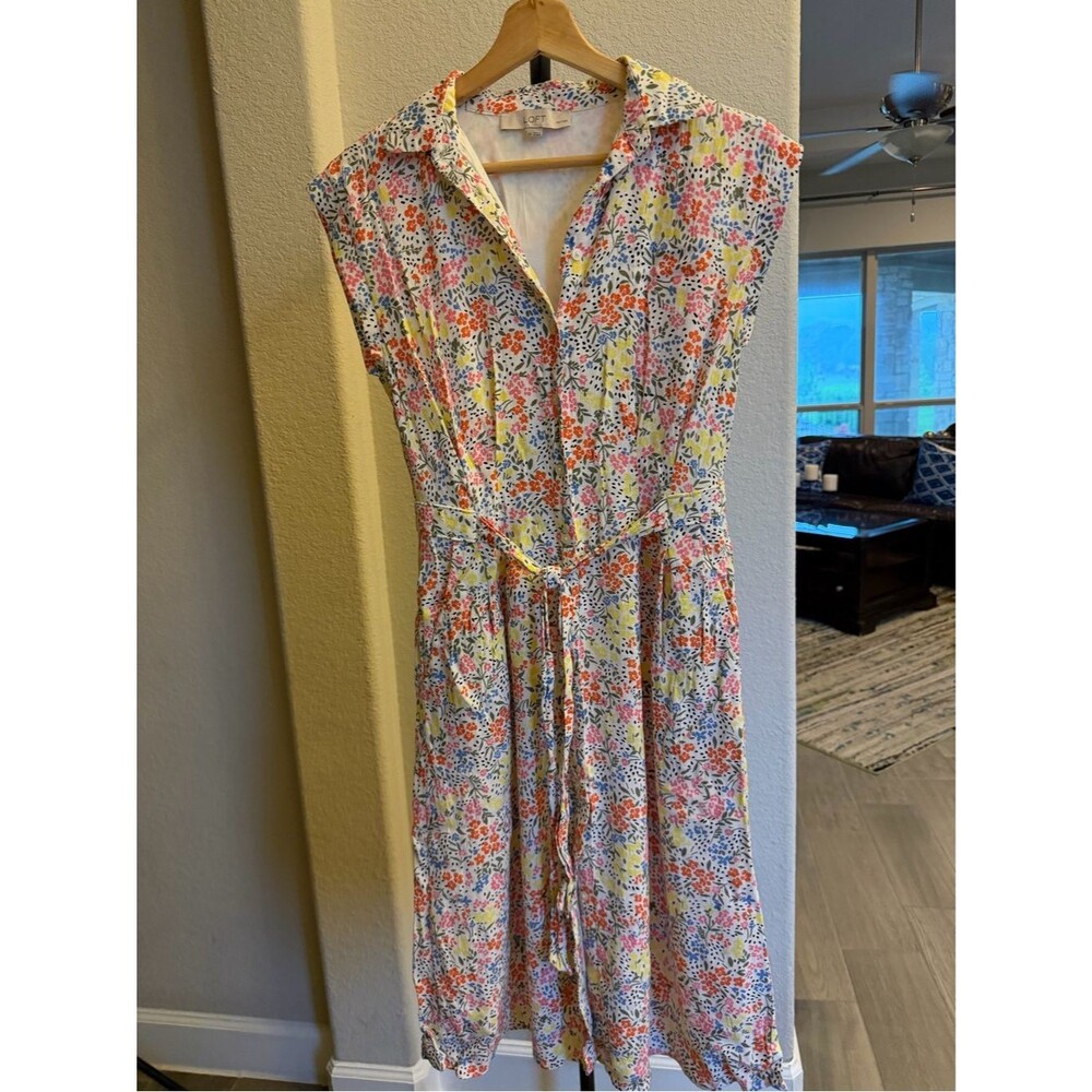 LOFT Floral Button-Front Midi Dress in Yellow, Pink, Orange 0P
